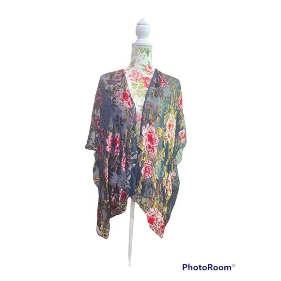 Flowered Embroiled Black Kimono Beach Cover Up Velvety One Size - Picture 1 of 6